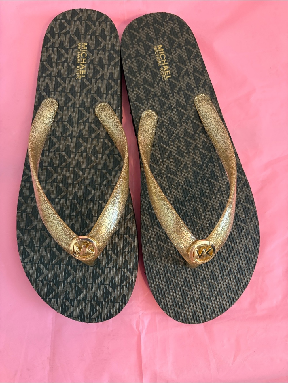Michael Kors Brown Monogram Footbed Sandal with Gold Straps